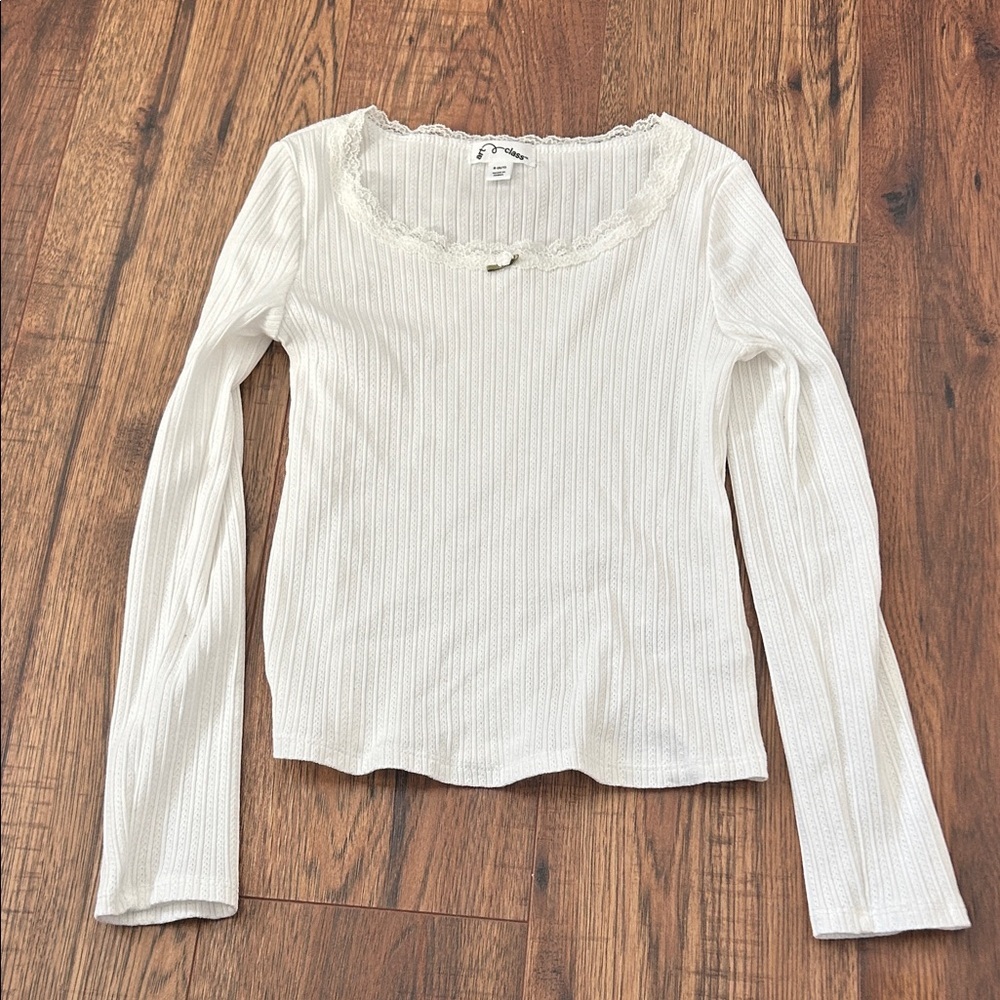 Target art class Girls White Ribbed Long Sleeve Top with Lace Trim